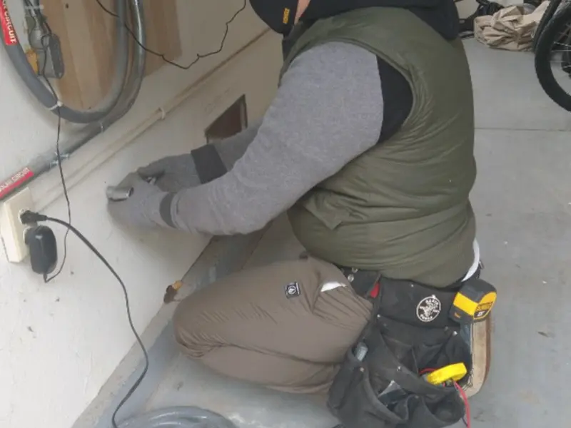 Electrician performing outlet wiring in a Fruitport garage